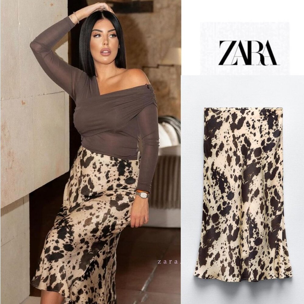 ZARA ANIMAL PRINT SATIN EFFECT MIDI SKIRT